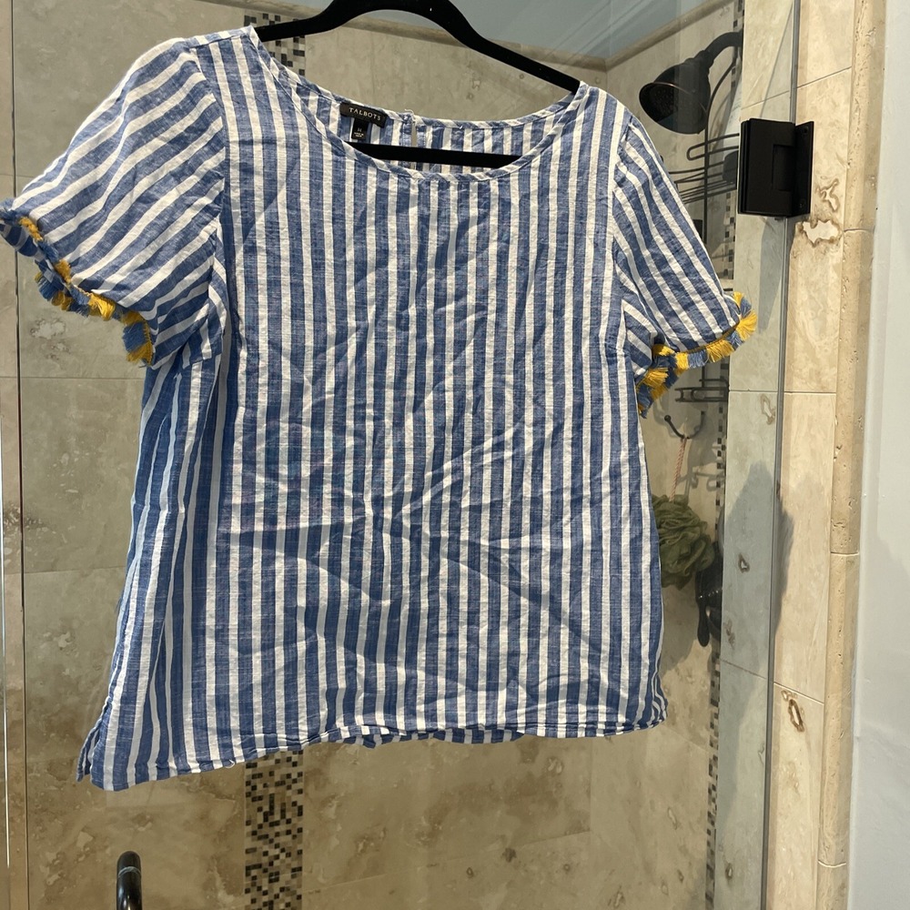 Talbots Blue White Stripe Yellow Fringe Flutter Sleeve Blouse 8 M Cotton Top